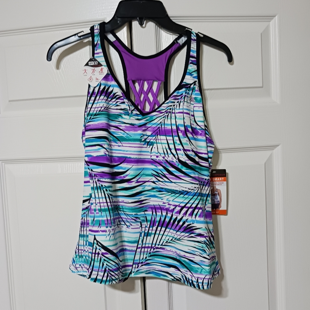 NWT Zeroxposur Sunsmart Tankini Swim Athletic Top Medium Purple Blue Leaf Patter